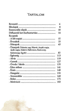 Prima pagină a cuprinsului cărții 1001 Diffuser varázs, cu capitole și categorii de rețete în limba maghiară.