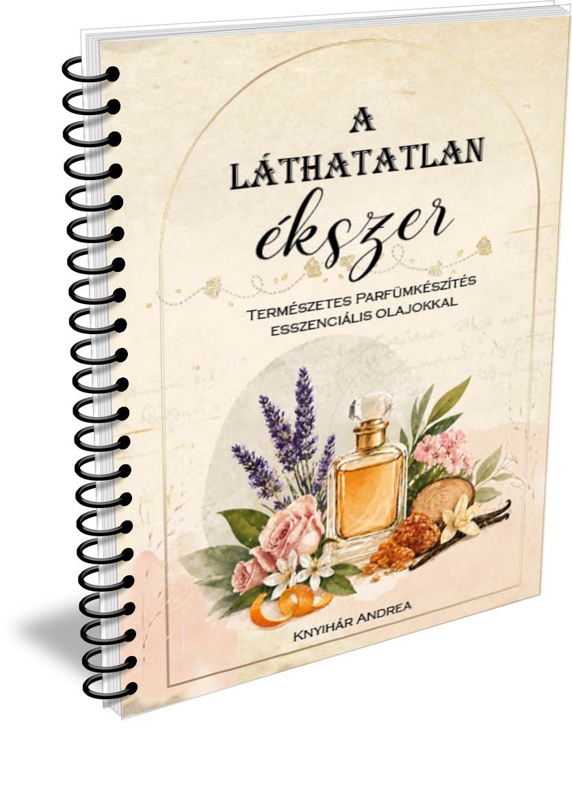 Coperta cărții A láthatatlan ékszer de Knyihár Andrea, în limba maghiară, cu flacon de parfum și ilustrații florale.