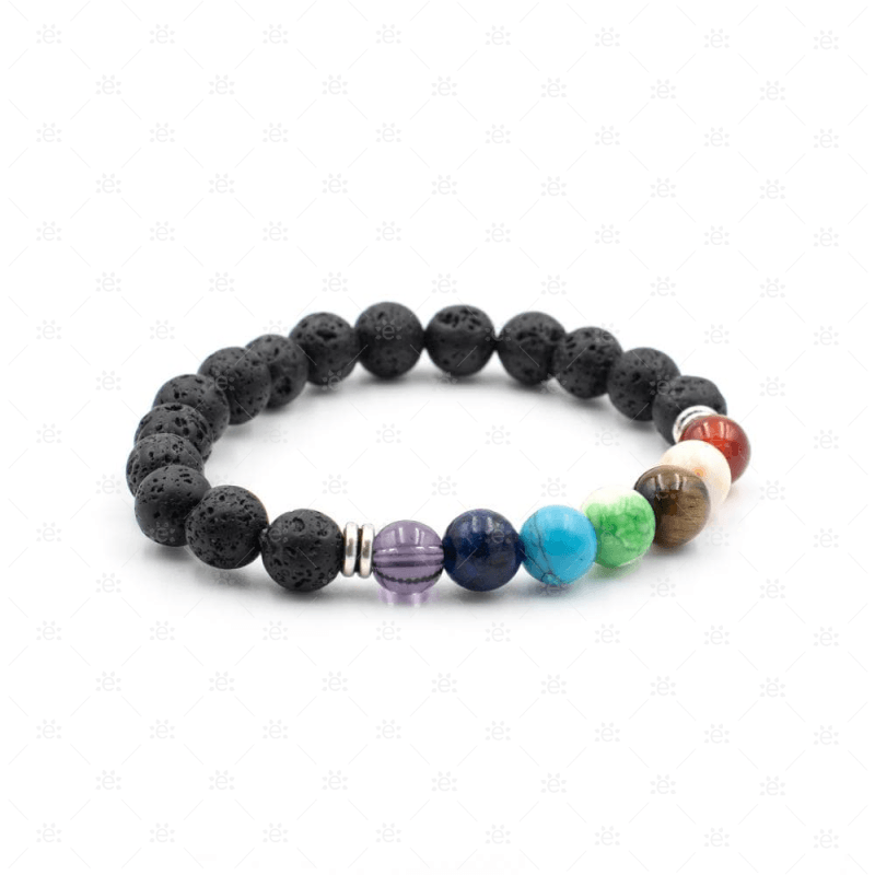 Brățară Chakra din rocă vulcanică pentru uleiuri esențiale - vedere frontală cu mărgele colorate