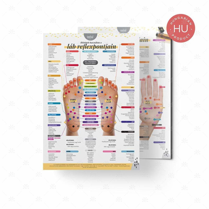 Diagramă reflexologică laminată față-verso pentru uleiuri esențiale în maghiară